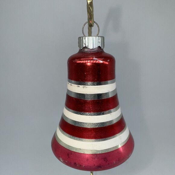 Auth Vintage Shiny Brite Striped Bell Glass Ornament 3" Pink Red Silver White - Picture 5 of 9